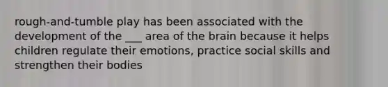 rough-and-tumble play has been associated with the development of the ___ area of the brain because it helps children regulate their emotions, practice social skills and strengthen their bodies