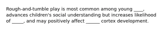 Rough-and-tumble play is most common among young ____, advances children's social understanding but increases likelihood of _____, and may positively affect ______ cortex development.