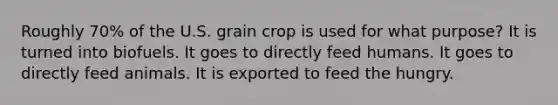 Roughly 70% of the U.S. grain crop is used for what purpose? It is turned into biofuels. It goes to directly feed humans. It goes to directly feed animals. It is exported to feed the hungry.