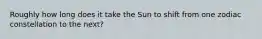 Roughly how long does it take the Sun to shift from one zodiac constellation to the next?