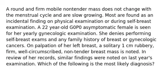 A round and firm mobile nontender mass does not change with the menstrual cycle and are slow growing. Most are found as an incidental finding on physical examination or during self-breast examination. A 22 year-old G0P0 asymptomatic female is seen for her yearly gynecologic examination. She denies performing self-breast exams and any family history of breast or gynecologic cancers. On palpation of her left breast, a solitary 1 cm rubbery, firm, well-circumscribed, non-tender breast mass is noted. In review of her records, similar findings were noted on last year's examination. Which of the following is the most likely diagnosis?