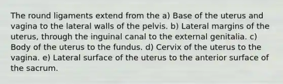 The round ligaments extend from the a) Base of the uterus and vagina to the lateral walls of the pelvis. b) Lateral margins of the uterus, through the inguinal canal to the external genitalia. c) Body of the uterus to the fundus. d) Cervix of the uterus to the vagina. e) Lateral surface of the uterus to the anterior surface of the sacrum.