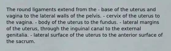 The round ligaments extend from the - base of the uterus and vagina to the lateral walls of the pelvis. - cervix of the uterus to the vagina. - body of the uterus to the fundus. - lateral margins of the uterus, through the inguinal canal to the external genitalia. - lateral surface of the uterus to the anterior surface of the sacrum.