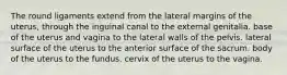 The round ligaments extend from the lateral margins of the uterus, through the inguinal canal to the external genitalia. base of the uterus and vagina to the lateral walls of the pelvis. lateral surface of the uterus to the anterior surface of the sacrum. body of the uterus to the fundus. cervix of the uterus to the vagina.