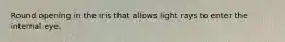 Round opening in the iris that allows light rays to enter the internal eye.