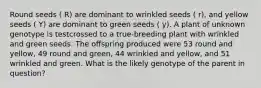 Round seeds ( R) are dominant to wrinkled seeds ( r), and yellow seeds ( Y) are dominant to green seeds ( y). A plant of unknown genotype is testcrossed to a true-breeding plant with wrinkled and green seeds. The offspring produced were 53 round and yellow, 49 round and green, 44 wrinkled and yellow, and 51 wrinkled and green. What is the likely genotype of the parent in question?