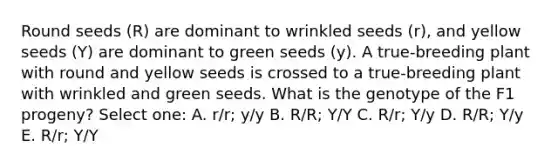 Round seeds (R) are dominant to wrinkled seeds (r), and yellow seeds (Y) are dominant to green seeds (y). A true-breeding plant with round and yellow seeds is crossed to a true-breeding plant with wrinkled and green seeds. What is the genotype of the F1 progeny? Select one: A. r/r; y/y B. R/R; Y/Y C. R/r; Y/y D. R/R; Y/y E. R/r; Y/Y