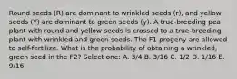 Round seeds (R) are dominant to wrinkled seeds (r), and yellow seeds (Y) are dominant to green seeds (y). A true-breeding pea plant with round and yellow seeds is crossed to a true-breeding plant with wrinkled and green seeds. The F1 progeny are allowed to self-fertilize. What is the probability of obtaining a wrinkled, green seed in the F2? Select one: A. 3/4 B. 3/16 C. 1/2 D. 1/16 E. 9/16