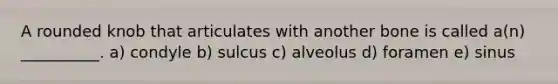 A rounded knob that articulates with another bone is called a(n) __________. a) condyle b) sulcus c) alveolus d) foramen e) sinus