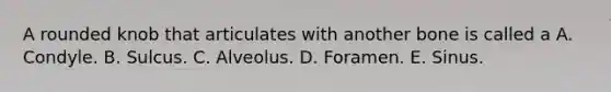 A rounded knob that articulates with another bone is called a A. Condyle. B. Sulcus. C. Alveolus. D. Foramen. E. Sinus.