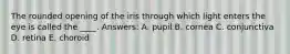 The rounded opening of the iris through which light enters the eye is called the ____. Answers: A. pupil B. cornea C. conjunctiva D. retina E. choroid