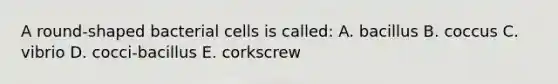 A round-shaped bacterial cells is called: A. bacillus B. coccus C. vibrio D. cocci-bacillus E. corkscrew