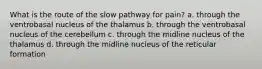 What is the route of the slow pathway for pain? a. through the ventrobasal nucleus of the thalamus b. through the ventrobasal nucleus of the cerebellum c. through the midline nucleus of the thalamus d. through the midline nucleus of the reticular formation