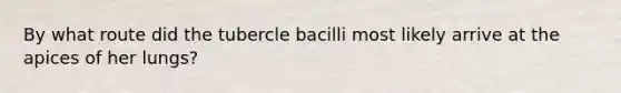 By what route did the tubercle bacilli most likely arrive at the apices of her lungs?