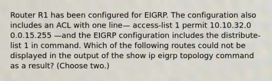 Router R1 has been configured for EIGRP. The configuration also includes an ACL with one line— access-list 1 permit 10.10.32.0 0.0.15.255 —and the EIGRP configuration includes the distribute-list 1 in command. Which of the following routes could not be displayed in the output of the show ip eigrp topology command as a result? (Choose two.)