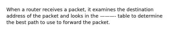 When a router receives a packet, it examines the destination address of the packet and looks in the ———- table to determine the best path to use to forward the packet.