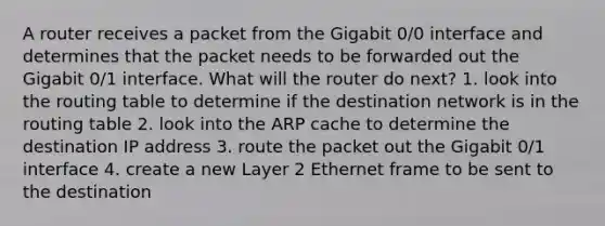 A router receives a packet from the Gigabit 0/0 interface and determines that the packet needs to be forwarded out the Gigabit 0/1 interface. What will the router do next? 1. look into the routing table to determine if the destination network is in the routing table 2. look into the ARP cache to determine the destination IP address 3. route the packet out the Gigabit 0/1 interface 4. create a new Layer 2 Ethernet frame to be sent to the destination