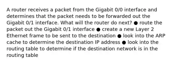 A router receives a packet from the Gigabit 0/0 interface and determines that the packet needs to be forwarded out the Gigabit 0/1 interface. What will the router do next? ● route the packet out the Gigabit 0/1 interface ● create a new Layer 2 Ethernet frame to be sent to the destination ● look into the ARP cache to determine the destination IP address ● look into the routing table to determine if the destination network is in the routing table