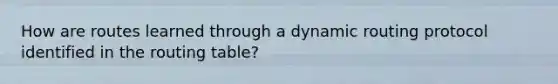 How are routes learned through a dynamic routing protocol identified in the routing table?