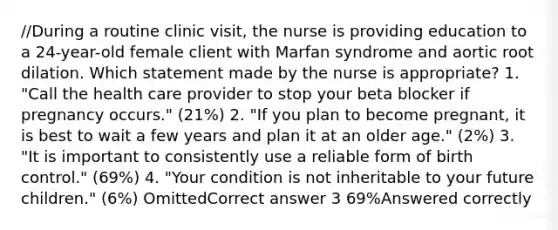 //During a routine clinic visit, the nurse is providing education to a 24-year-old female client with Marfan syndrome and aortic root dilation. Which statement made by the nurse is appropriate? 1. "Call the health care provider to stop your beta blocker if pregnancy occurs." (21%) 2. "If you plan to become pregnant, it is best to wait a few years and plan it at an older age." (2%) 3. "It is important to consistently use a reliable form of birth control." (69%) 4. "Your condition is not inheritable to your future children." (6%) OmittedCorrect answer 3 69%Answered correctly