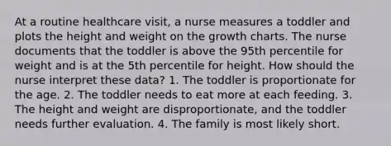 At a routine healthcare visit, a nurse measures a toddler and plots the height and weight on the growth charts. The nurse documents that the toddler is above the 95th percentile for weight and is at the 5th percentile for height. How should the nurse interpret these data? 1. The toddler is proportionate for the age. 2. The toddler needs to eat more at each feeding. 3. The height and weight are disproportionate, and the toddler needs further evaluation. 4. The family is most likely short.