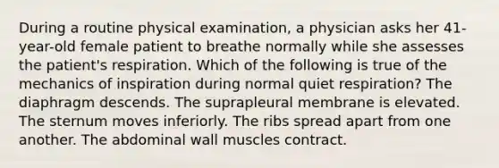 During a routine physical examination, a physician asks her 41-year-old female patient to breathe normally while she assesses the patient's respiration. Which of the following is true of the mechanics of inspiration during normal quiet respiration? The diaphragm descends. The suprapleural membrane is elevated. The sternum moves inferiorly. The ribs spread apart from one another. The abdominal wall muscles contract.