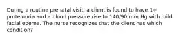 During a routine prenatal visit, a client is found to have 1+ proteinuria and a blood pressure rise to 140/90 mm Hg with mild facial edema. The nurse recognizes that the client has which condition?