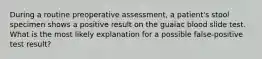 During a routine preoperative assessment, a patient's stool specimen shows a positive result on the guaiac blood slide test. What is the most likely explanation for a possible false-positive test result?