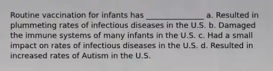 Routine vaccination for infants has _______________ a. Resulted in plummeting rates of infectious diseases in the U.S. b. Damaged the immune systems of many infants in the U.S. c. Had a small impact on rates of infectious diseases in the U.S. d. Resulted in increased rates of Autism in the U.S.