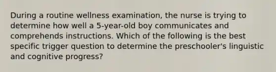 During a routine wellness examination, the nurse is trying to determine how well a 5-year-old boy communicates and comprehends instructions. Which of the following is the best specific trigger question to determine the preschooler's linguistic and cognitive progress?