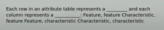 Each row in an attribute table represents a _________ and each column represents a ___________: Feature, feature Characteristic, feature Feature, characteristic Characteristic, characteristic