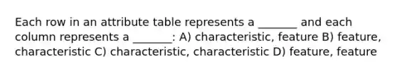 Each row in an attribute table represents a _______ and each column represents a _______: A) characteristic, feature B) feature, characteristic C) characteristic, characteristic D) feature, feature