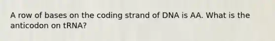 A row of bases on the coding strand of DNA is AA. What is the anticodon on tRNA?