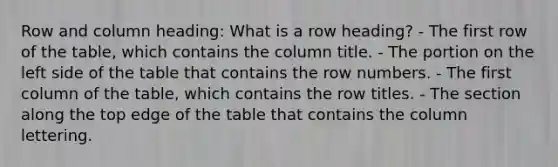 Row and column heading: What is a row heading? - The first row of the table, which contains the column title. - The portion on the left side of the table that contains the row numbers. - The first column of the table, which contains the row titles. - The section along the top edge of the table that contains the column lettering.