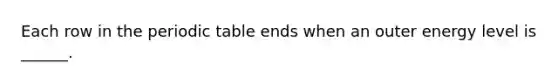 Each row in the periodic table ends when an outer energy level is ______.