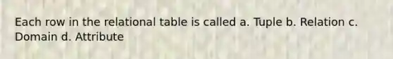 Each row in the relational table is called a. Tuple b. Relation c. Domain d. Attribute