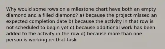 Why would some rows on a milestone chart have both an empty diamond and a filled diamond? a) because the project missed an expected completion date b) because the activity in that row is not scheduled to begin yet c) because additional work has been added to the activity in the row d) because more than one person is working on that task