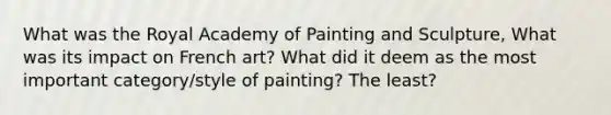 What was the Royal Academy of Painting and Sculpture, What was its impact on French art? What did it deem as the most important category/style of painting? The least?