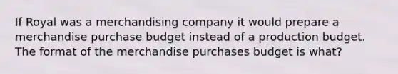 If Royal was a merchandising company it would prepare a merchandise purchase budget instead of a production budget. The format of the merchandise purchases budget is what?