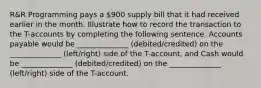 R&R Programming pays a 900 supply bill that it had received earlier in the month. Illustrate how to record the transaction to the T-accounts by completing the following sentence. Accounts payable would be ______________ (debited/credited) on the ______________ (left/right) side of the T-account, and Cash would be ______________ (debited/credited) on the ______________ (left/right) side of the T-account.