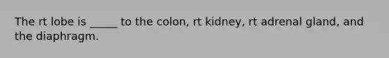 The rt lobe is _____ to the colon, rt kidney, rt adrenal gland, and the diaphragm.