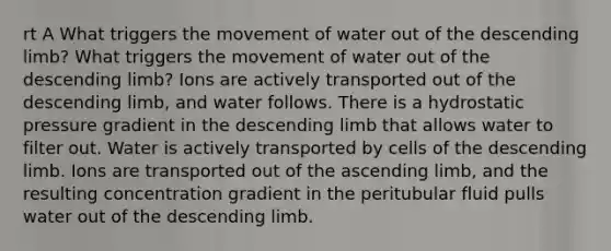 rt A What triggers the movement of water out of the descending limb? What triggers the movement of water out of the descending limb? Ions are actively transported out of the descending limb, and water follows. There is a hydrostatic pressure gradient in the descending limb that allows water to filter out. Water is actively transported by cells of the descending limb. Ions are transported out of the ascending limb, and the resulting concentration gradient in the peritubular fluid pulls water out of the descending limb.