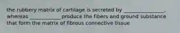 the rubbery matrix of cartilage is secreted by ________________, whereas ____________ produce the fibers and ground substance that form the matrix of fibrous connective tissue