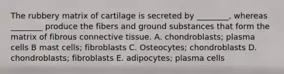 The rubbery matrix of cartilage is secreted by ________, whereas ________ produce the fibers and ground substances that form the matrix of fibrous connective tissue. A. chondroblasts; plasma cells B mast cells; fibroblasts C. Osteocytes; chondroblasts D. chondroblasts; fibroblasts E. adipocytes; plasma cells