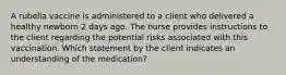 A rubella vaccine is administered to a client who delivered a healthy newborn 2 days ago. The nurse provides instructions to the client regarding the potential risks associated with this vaccination. Which statement by the client indicates an understanding of the medication?