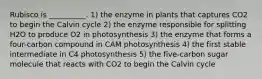 Rubisco is __________. 1) the enzyme in plants that captures CO2 to begin the Calvin cycle 2) the enzyme responsible for splitting H2O to produce O2 in photosynthesis 3) the enzyme that forms a four-carbon compound in CAM photosynthesis 4) the first stable intermediate in C4 photosynthesis 5) the five-carbon sugar molecule that reacts with CO2 to begin the Calvin cycle