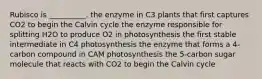 Rubisco is __________. the enzyme in C3 plants that first captures CO2 to begin the Calvin cycle the enzyme responsible for splitting H2O to produce O2 in photosynthesis the first stable intermediate in C4 photosynthesis the enzyme that forms a 4-carbon compound in CAM photosynthesis the 5-carbon sugar molecule that reacts with CO2 to begin the Calvin cycle