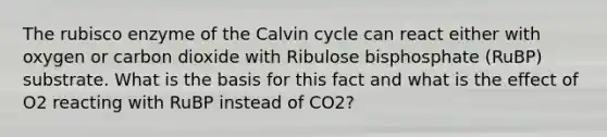 The rubisco enzyme of the Calvin cycle can react either with oxygen or carbon dioxide with Ribulose bisphosphate (RuBP) substrate. What is the basis for this fact and what is the effect of O2 reacting with RuBP instead of CO2?