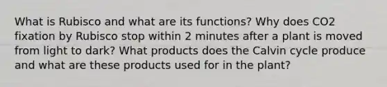 What is Rubisco and what are its functions? Why does CO2 fixation by Rubisco stop within 2 minutes after a plant is moved from light to dark? What products does the Calvin cycle produce and what are these products used for in the plant?