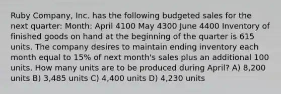 Ruby Company, Inc. has the following budgeted sales for the next quarter: Month: April 4100 May 4300 June 4400 Inventory of finished goods on hand at the beginning of the quarter is 615 units. The company desires to maintain ending inventory each month equal to 15% of next month's sales plus an additional 100 units. How many units are to be produced during April? A) 8,200 units B) 3,485 units C) 4,400 units D) 4,230 units